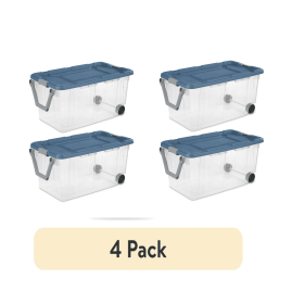 160 Quart Wheeled Stacker, Extra Large Durable Clear Bin, Latch Lid and Pull Handle, 4 Pack (Color: Green / Clear)